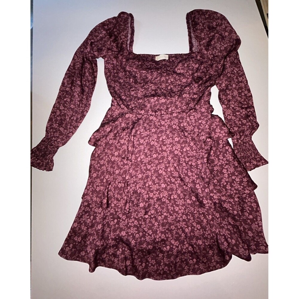 Altar'd State Burgundy Floral Square Neck Smocked Tiered Mini Dress Size S